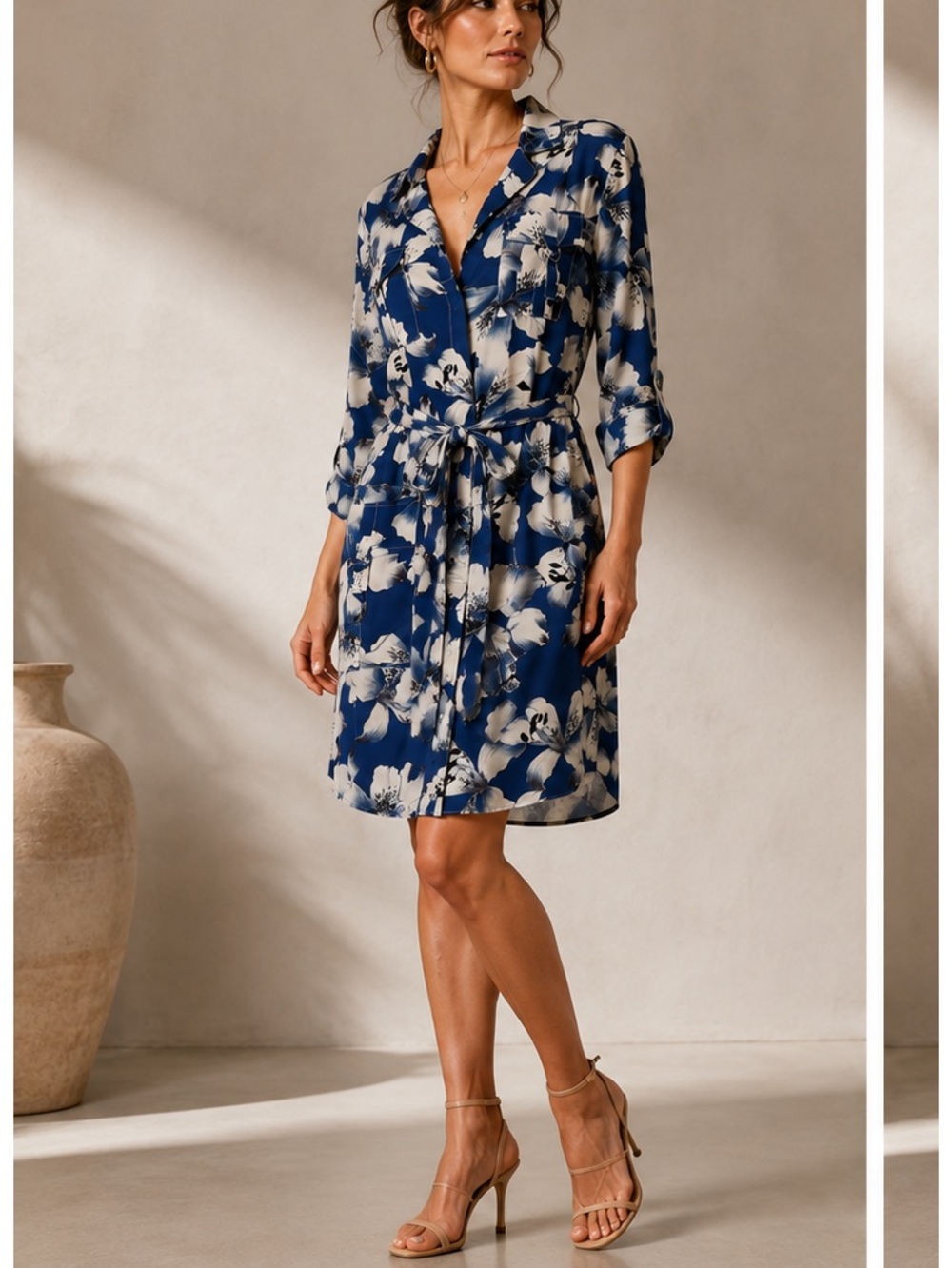 Nicole Miller Collection Silk Shirt Dress Belted Blue Floral Print  Size S